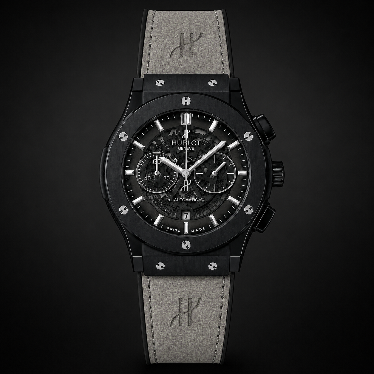 Hublot Geneve IG chronograph watch with grey suede strap