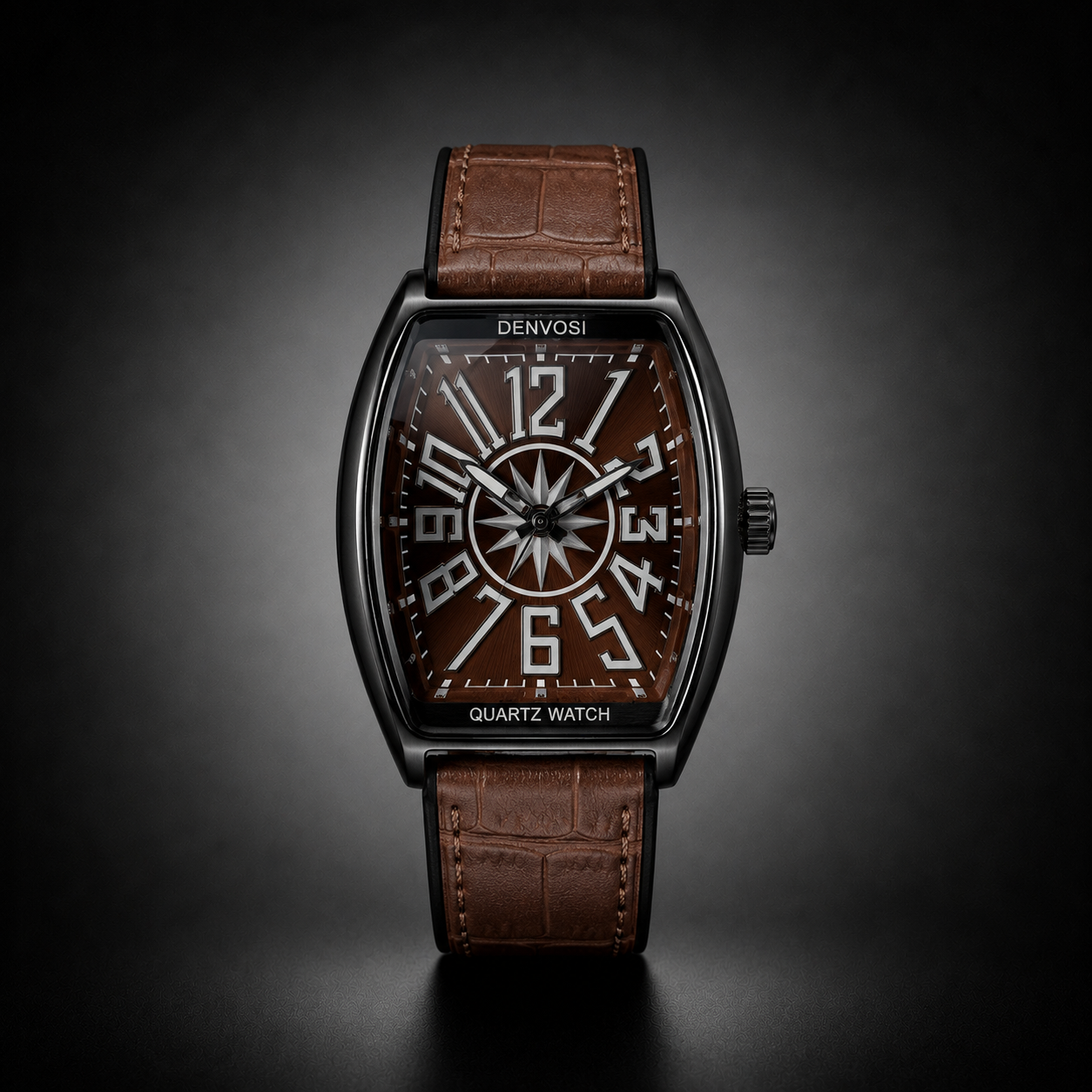 Denvosi RM tonneau watch with brown dial and leather strap